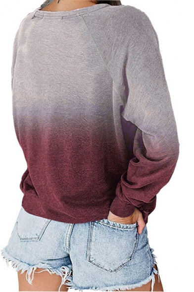 Vintage Women Sweatshirt Ombre Print Long Sleeve Crew Neck Rib Cuffs Sweatshirt