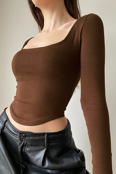 Women Classic T-shirt Pure Color Square Neck Long Sleeve Irregular Hem Tee Top