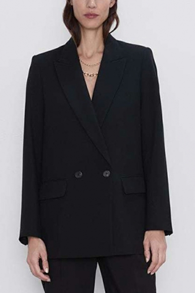 Women Urban Suit Blazer Plain Lapel Collar Double Breasted Pocket Detail Suit Blazer