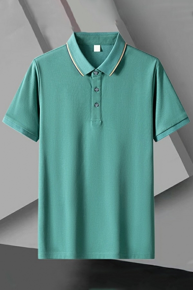 Daily Polo Shirt Contrast Line Turn-down Collar Short-Sleeved Button Fly Polo Shirt for Guys