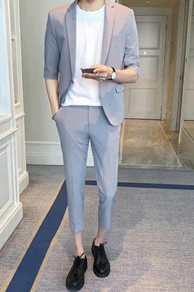 Men Classic Suit Set Plain Single Button Lapel Collar Jacket Side Pocket Slim Fit Pants Suit Set