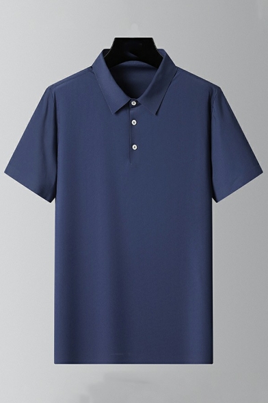 Mens Simple Polo Shirt Pure Color Button-up Short Sleeve Spread Collar Polo Shirt