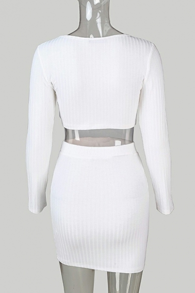 Modern Knit Co-ords Plain V Neck Long Sleeve Cropped Top with Bodycon Mini Skirt for Women