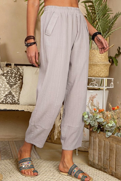 Modern Women Pants Pure Color Mid Rise Elastic Waist Pocket Detail Pants
