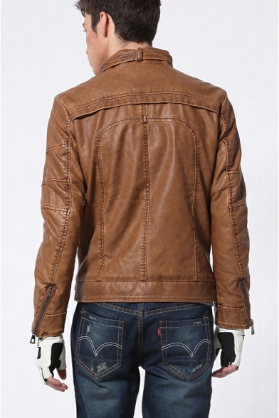 Stylish Jacket Plain Zip Fly Stand Collar Pocket Detail Leather Jacket for Men