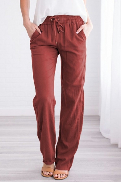 Stylish Women Drawstring Pants Pure Color Mid Rise Pocket Detail Pants