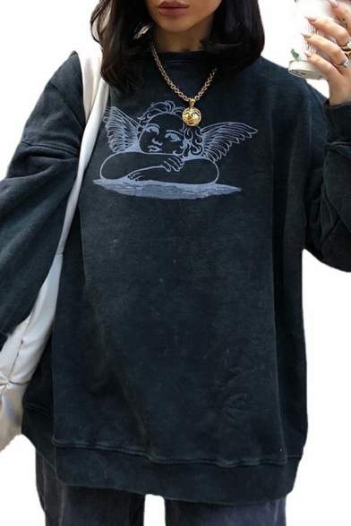 Stylish Women Sweatshirt Angel Print Round Neck Long-Sleeved Sweatshirt in Black