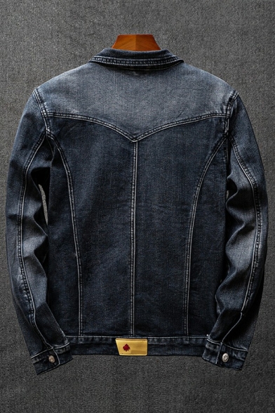 Trendy Guys Denim Jacket Plain Pocket Detail Button Closure Turn-down Collar Denim Jacket