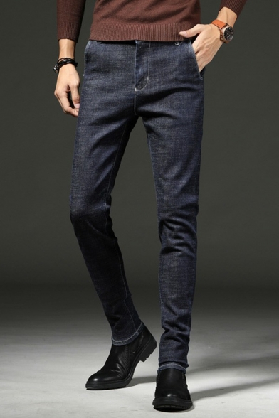 Urban Mens Solid Color Jeans Medium Wash Pocket Detail Zipper Placket Jeans