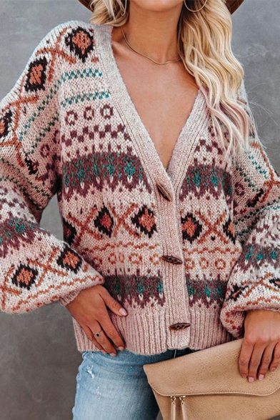 Warm Women Cardigan Tribal Print Long Sleeve V-neck Button Down Cardigan Sweater