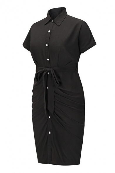 Women Stylish Dress Plain Short Sleeve Spread Collar Regular Fit Mid Rise Shirt Dress