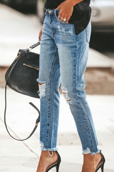 Casual Women Plain Jeans Mid Rise Pocket Detail Zip Placket Split Design Jeans