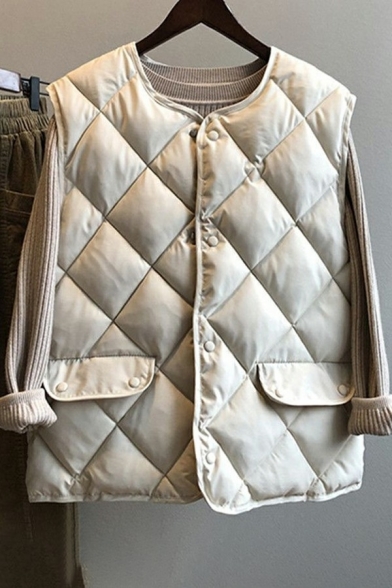 Classic Women Plain Vest Crew Neck Diamond Texture Button Closure Pocket Detail Vest