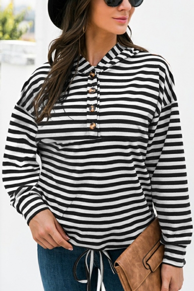 Classic Women's Hoodie Stripe Printed 1/4 Button Bottom Tied Hoodie