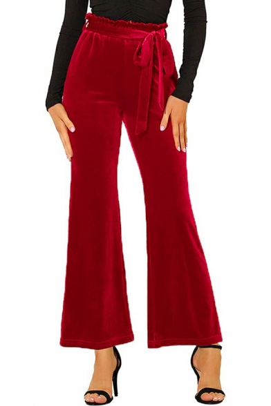 Elegant Women Plain Pants Mid Rise Pocket Detail Straight Fit Pants with Belt