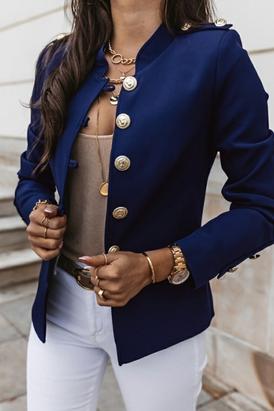 Elegant Women Suit Blazer Pure Color Single Breasted Stand Collar Suit Blazer