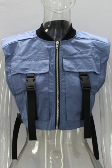 Ladies Classic Vest Solid Flap Pocket Buckle Crew Neck Zipper Cropped Vest