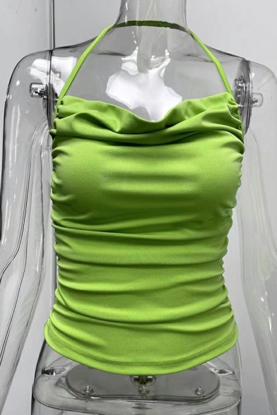 Leisure Style Women's Camis Slim Fit Solid Color Ruched Halter Tank