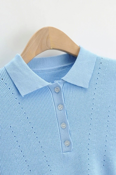 Leisure Women's Crop Knit Top Plain Button Detail Short Sleeve Turn down Collar Kint Top