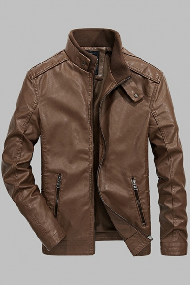 Men Classic Leather Jacket Solid Color Zipper Closure Pocket Detail Stand Collar Leather Jacket