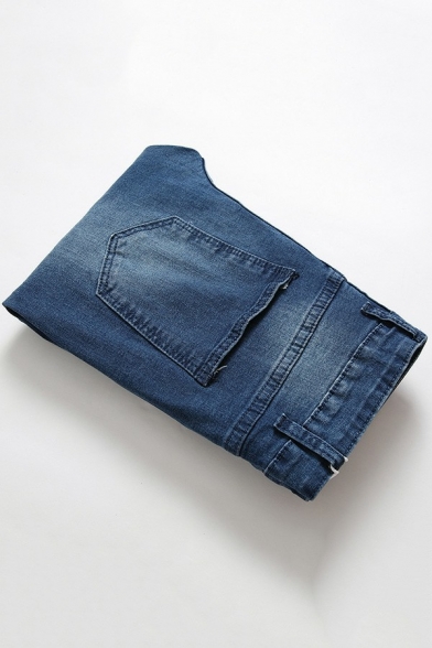 Modern Mens Jeans Color Block Medium Wash Distressed Design Mid Rise Zipper Placket Full Length Jeans