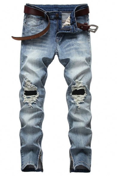Popular Mens Plain Jeans Knee Hole Design Pocket Detail Zipper Placket Jeans