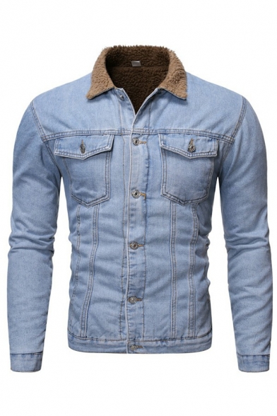 Simple Fleece Jacket Plain Spread Collar Pocket Detail Button Up Brushed Denim Jacket for Men