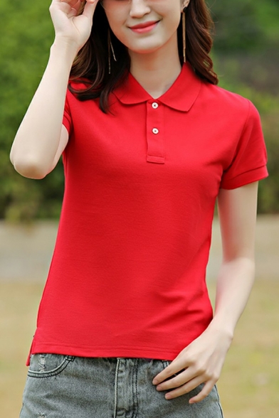 Simple Women Polo Shirt  Plain Spread Collar Short Sleeve Hem Workout Polo Shirt