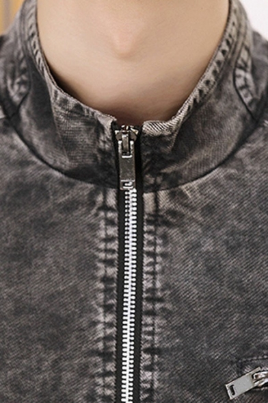 Trendy Denim Jacket Plain Stand Collar Zip Closure Pocket Detail Denim Jacket for Men