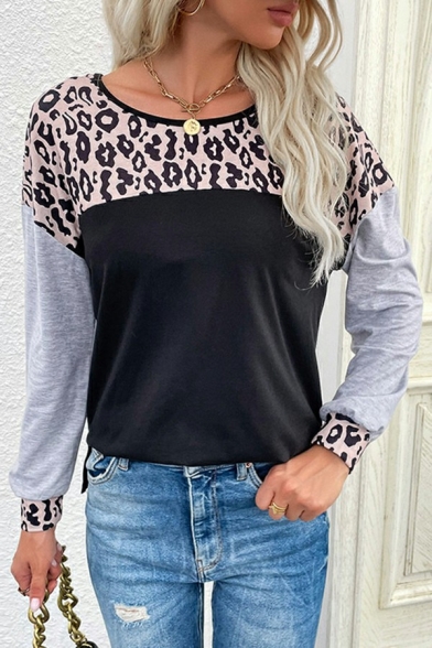 Urban Women Sweatshirt Contrast Color Round Neck Long-Sleeved Sweatshirt in Black