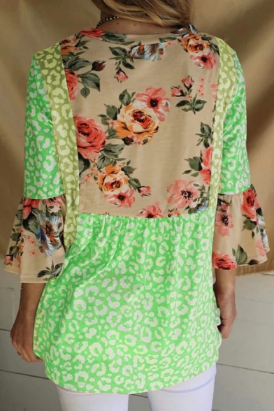 Womens Modern T-shirt Floral Print 3/4 Length Sleeve Round Neck Tee Top