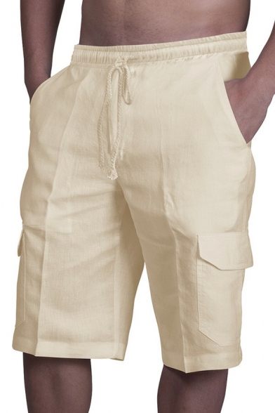 Boys Fashionable Shorts Solid Flap Pocket Drawstring Waist Fitted Knee Length Shorts