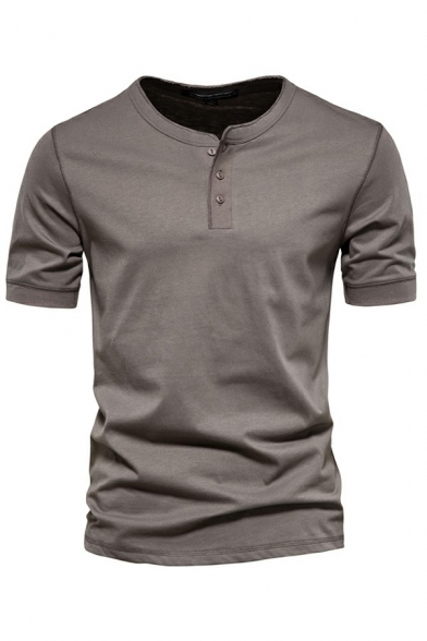 Daily Solid Color T-Shirt Short Sleeve Crew Neck Button Detail Regular Fit T-Shirt for Men
