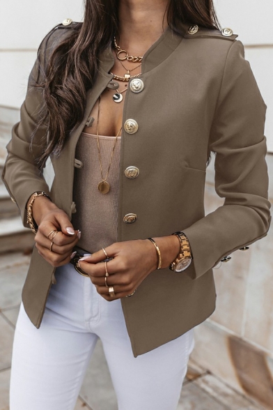 Edgy Blazer Solid Color Stand Collar Button Front Epaulet Blazer for Women