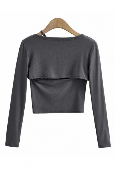 Fashionable Women's Knit Top Plain Long Sleeve Asymmetric Neck Kint Top