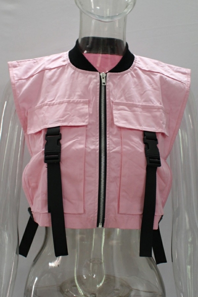 Ladies Classic Vest Solid Flap Pocket Buckle Crew Neck Zipper Cropped Vest