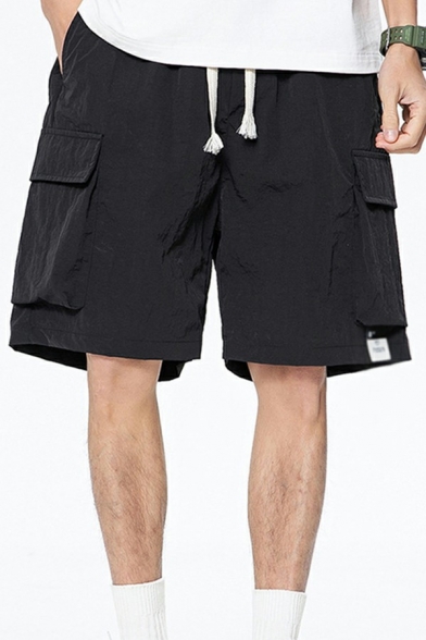 Men Casual Cargo Shorts Solid Color Elastic Waist Flap Pocket Drawcord Shorts