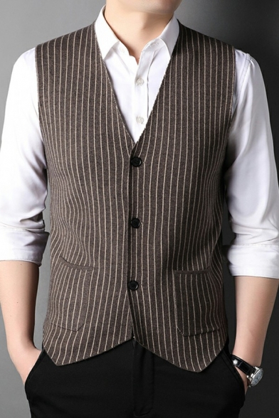 Men Casual Suit Vest Stripe Print Pocket V Neck Regular Button down Suit Vest
