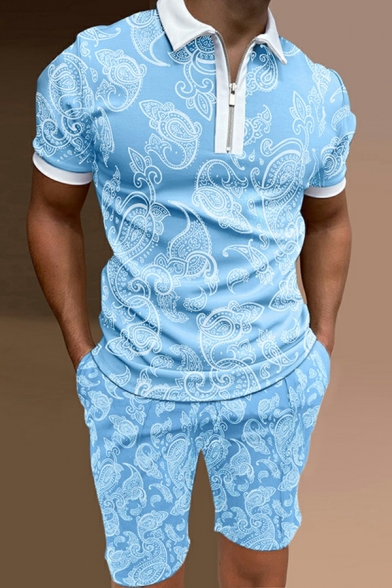 Men Urban Polo Shirt Paisley Printed Zipper Detail Short Sleeve Regular Fitted Polo Shirt