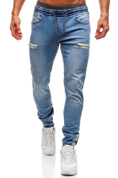 Mens Casual Jeans Plain Drawstring Waist Mid Rise Long Length Pocket Jeans