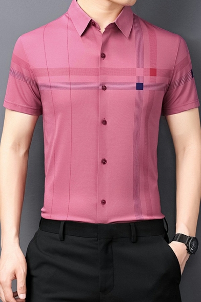 Modern Men Stripe Print Shirt Turn-down Collar Button Closure Regular Fit Shirt