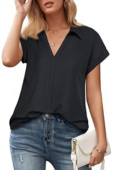 Simple Women T-shirt Solid Color Short Sleeve Spread Collar Relaxed Fit Tee Top