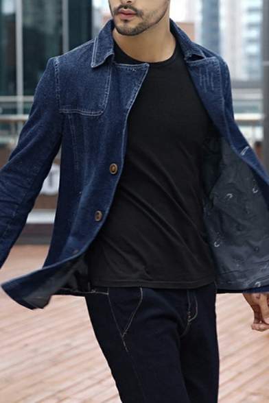 Stylish Jacket Solid Lapel Collar Button Up Pocket Bleach Distressed Denim Jacket for Men