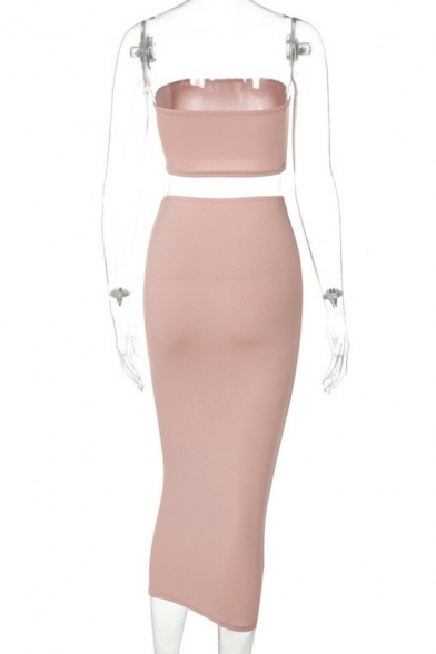 Stylish Ladies Co-ords Pure Color Bandeau Crop Tee & High Waist Midi Bodycon Skirt