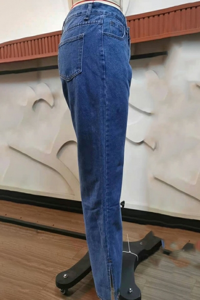 Stylish Plain Jeans Mid Rise Pocket Detail Zip Placket Split Design Jeans for Women