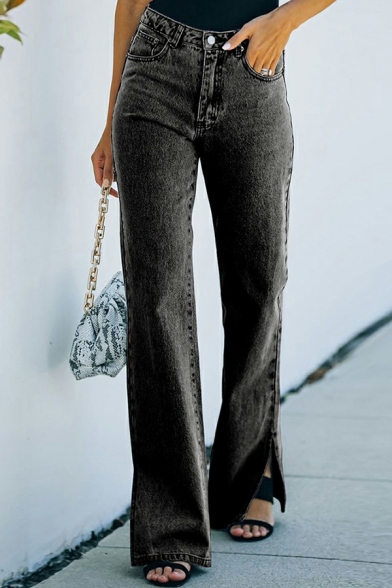 Stylish Plain Jeans Mid Rise Pocket Detail Zip Placket Split Design Jeans for Women