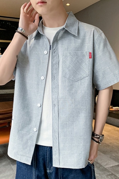 Trendy Guys Shirt Plaid Print Turn-down Collar Pocket Detail Button Closure Button Shirt