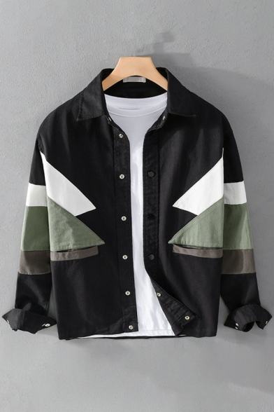 Urban Mens Jacket Color Block Long Sleeves Spread Collar Relaxed Button Down Jacket
