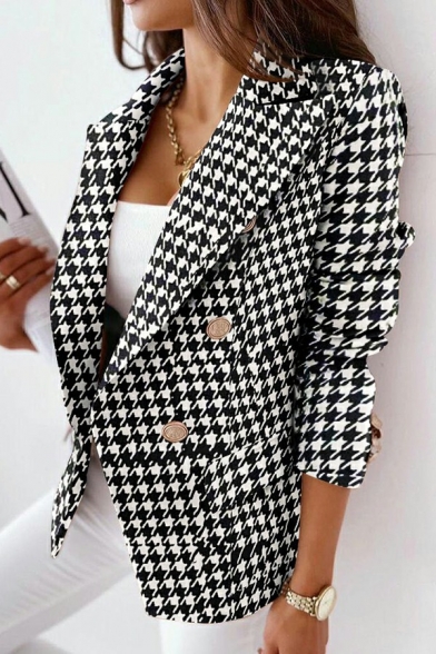 Women Modern Suit Blazer Plaid Print Lapel Collar Single Button Pocket Detail Suit Blazer