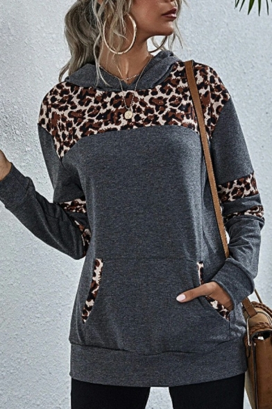 Basic Women Hoodie Leopard Print Pocket Detail Rib Cuffs Regular Fit Hoodie
